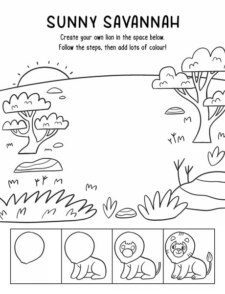 Sunny Savannah drawing activity page with a savannah scene and step-by-step lion drawing boxes