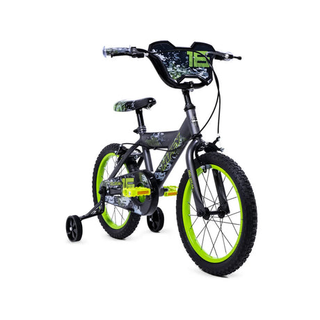 Huffy Delirium grey and green bike shown from a front angle with number plate, green wheel rims and black stabilisers