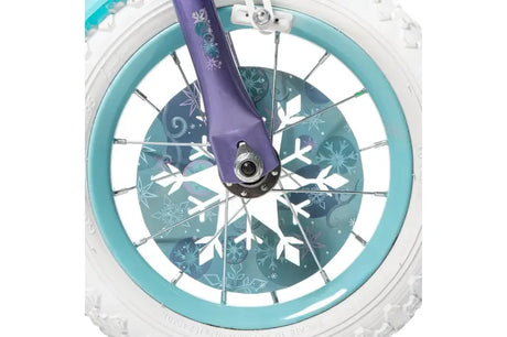 Close up of Huffy Disney Frozen bike front wheel, fork and brake 