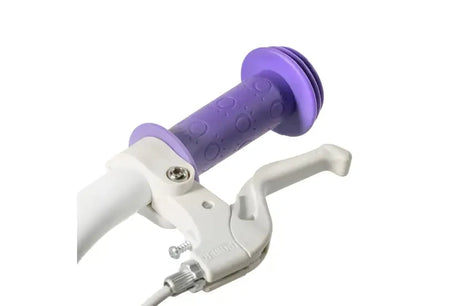 Close up of Huffy Disney Frozen bike handlebar grip and white brake lever