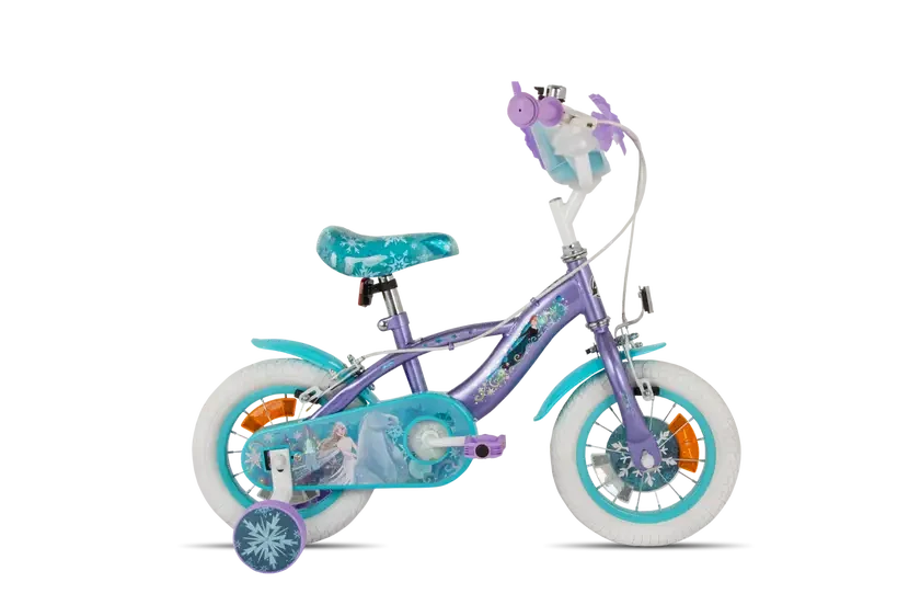 Huffy Disney Frozen kids bike shown from the side with stabilisers 