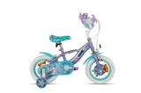 Huffy Disney Frozen kids bike shown from the side with stabilisers 
