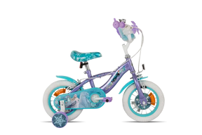 Huffy Disney Frozen kids bike shown from the side with stabilisers 