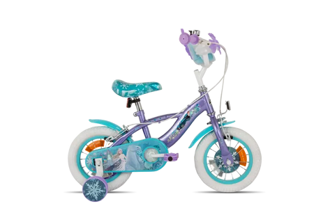 Huffy Disney Frozen kids bike shown from the side with stabilisers 