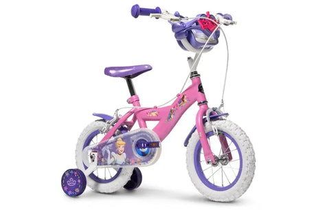 Huffy Disney Princess pink kids bike shown from a front angle with purple saddle, purple grips, white wheels and stabilisers
