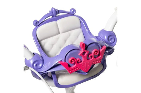 Close up of purple handlebar doll carrier with white padded seat and red lettering