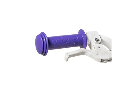 Close up of purple handlebar grip and white brake lever on the Huffy Disney Princess bike