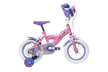 Huffy Disney Princess pink kids bike with purple saddle, purple grips, white wheels and purple stabilisers shown from the side
