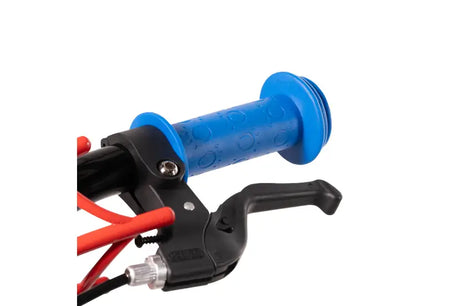 Close up of blue handlebar grip and black brake lever on the Huffy Marvel Spider-Man bike