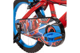 Close up of Huffy Marvel Spider-Man bike chain guard, blue pedal, rear wheel and stabiliser bracket