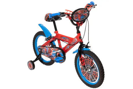 Huffy Marvel Spider-Man red bike shown from a front angle with blue wheel rims, black saddle and handlebar plaque