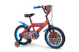 Huffy Marvel Spider-Man red bike shown from a front angle with blue wheel rims, black saddle and handlebar plaque