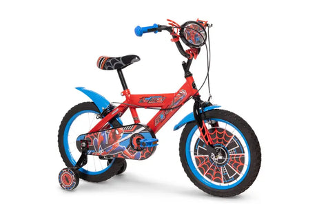 Huffy Marvel Spider-Man red bike shown from a front angle with blue wheel rims, black saddle and handlebar plaque