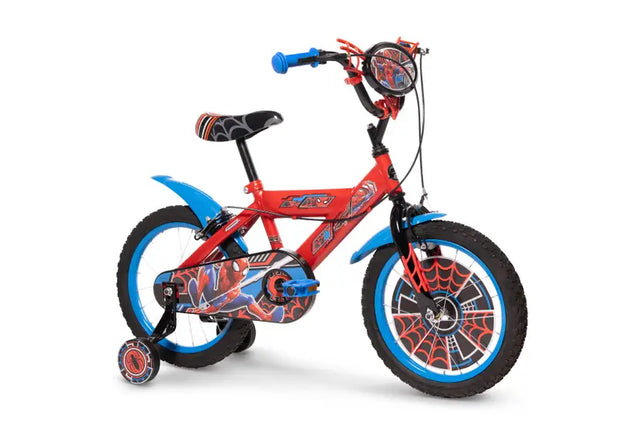 Huffy Marvel Spider-Man red bike shown from a front angle with blue wheel rims, black saddle and handlebar plaque