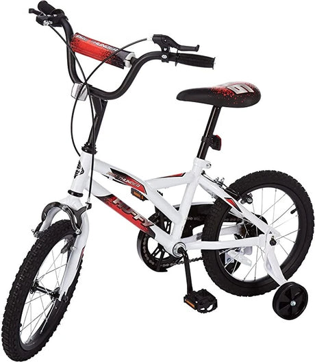 Huffy Pro Thunder 16 Inch Bike in white with red and black details, left-facing close view with training wheel