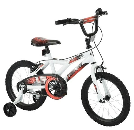 Huffy Pro Thunder 16 Inch Bike in white with red and black details, right-facing angled view with training wheels