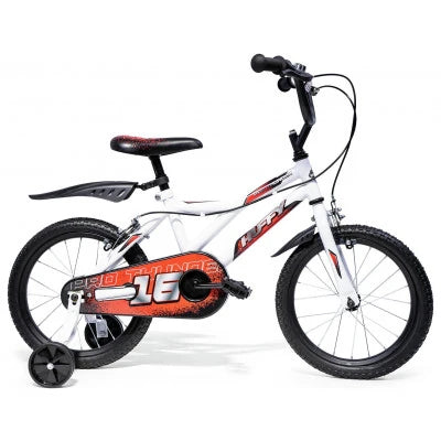 Huffy Pro Thunder 16 Inch Bike in white with red and black details, right-facing side view with rear mudguard and training wheel