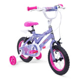 Huffy So Sweet kids bike with purple frame, pink grips, pink saddle, pink wheel rims and pink stabilisers shown from a front angle