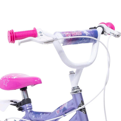 Close up of Huffy So Sweet bike pink grip, white handlebar, purple frame and pink saddle