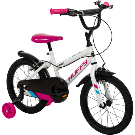 Huffy So Sweet white bike angled view with black handlebar, pink grips, black mudguards and white front fork