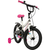 Huffy So Sweet white bike shown angled with front wheel, pink grips, pink saddle and pink stabiliser wheel visible