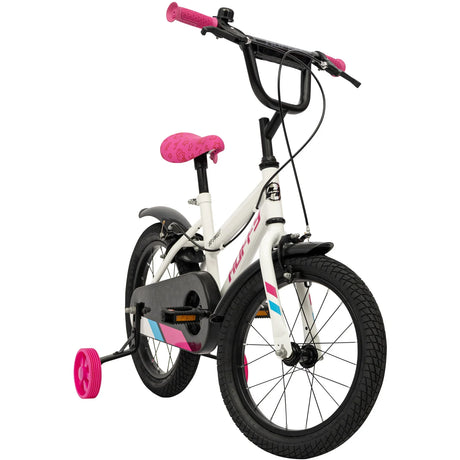 Huffy So Sweet white bike shown angled with front wheel, pink grips, pink saddle and pink stabiliser wheel visible