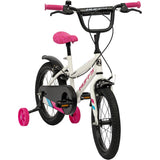 Huffy So Sweet white bike with pink grips, pink saddle, black chain guard and pink stabiliser wheels