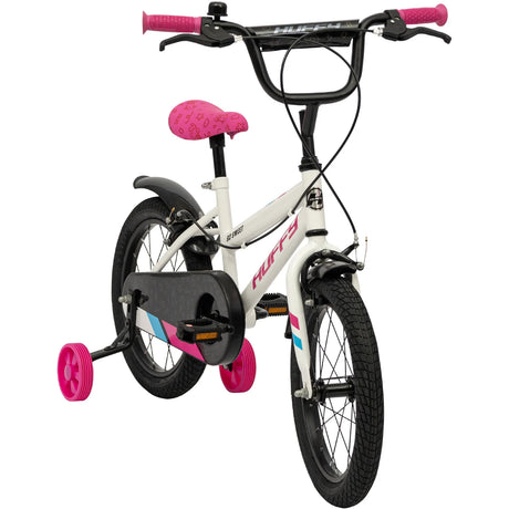 Huffy So Sweet white bike with pink grips, pink saddle, black chain guard and pink stabiliser wheels