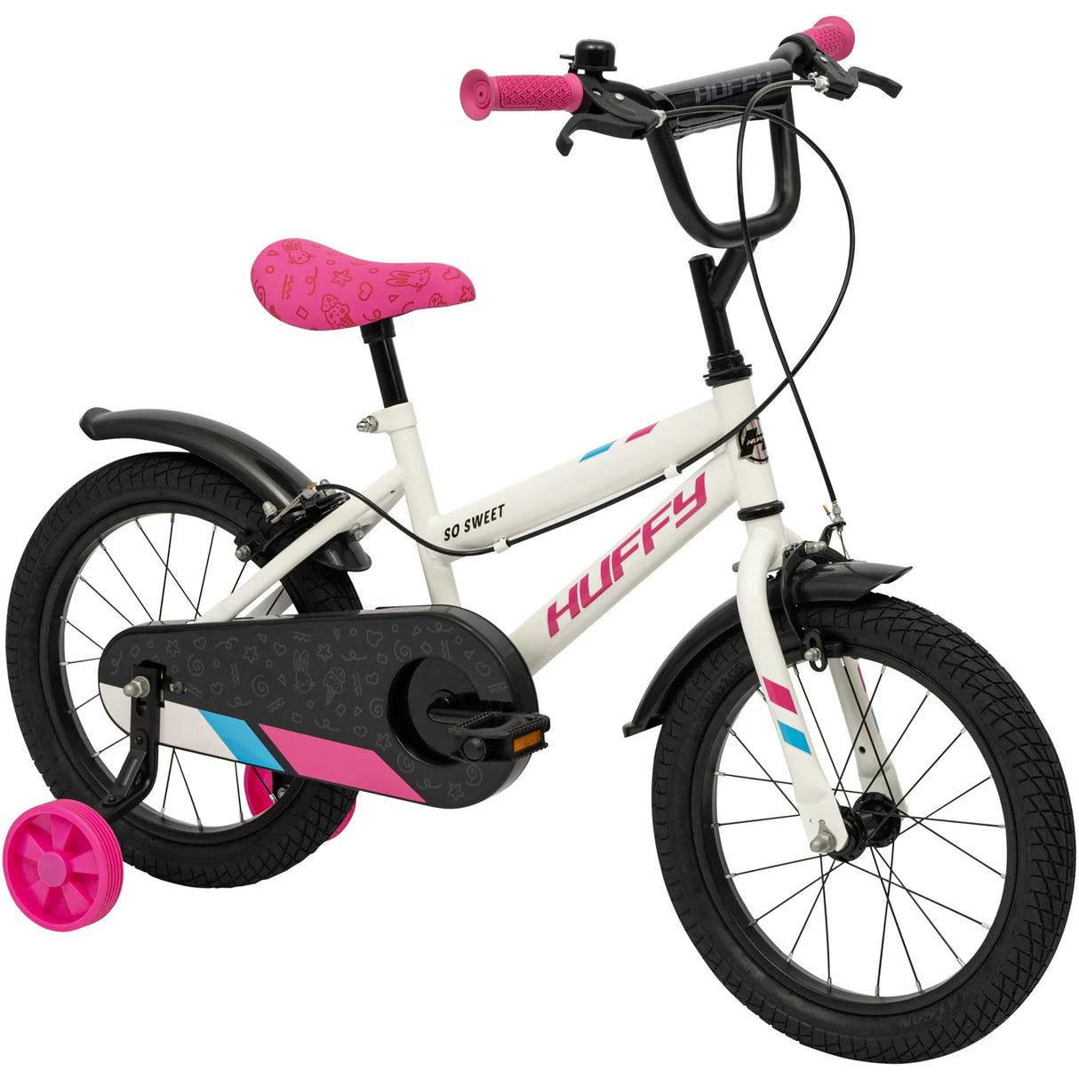 Huffy So Sweet white bike with black chain guard, black mudguards, pink saddle and pink stabiliser wheel