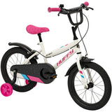 Huffy So Sweet white bike with black chain guard, black mudguards, pink saddle and pink stabiliser wheel
