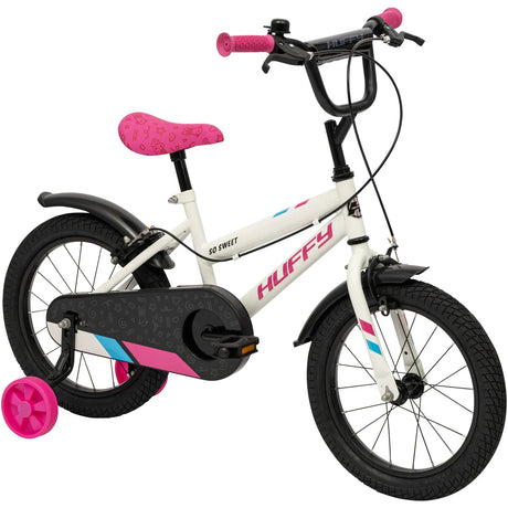 Huffy So Sweet white bike with black chain guard, black mudguards, pink saddle and pink stabiliser wheel