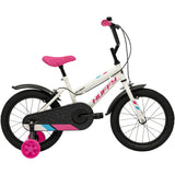 Huffy So Sweet white bike side view with black mudguards, black chain guard, pink saddle and pink stabiliser wheel