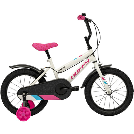 Huffy So Sweet white bike side view with black mudguards, black chain guard, pink saddle and pink stabiliser wheel