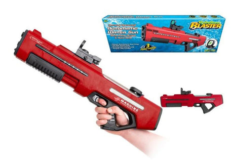 Red Hydrostorm Blaster battery operated water gun gripped in hand with sighting rail on top, retail box visible upper right and smaller product image lower right for size reference