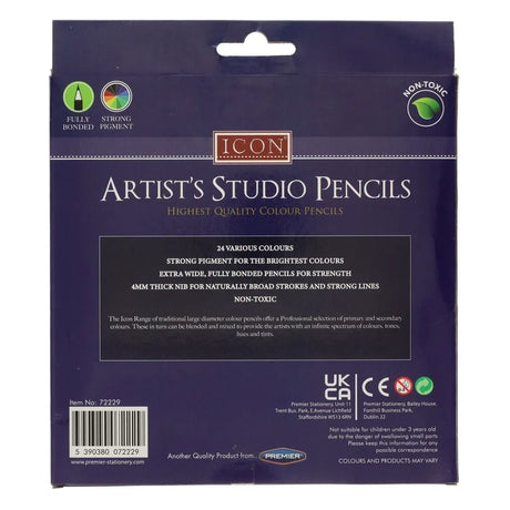Back of the Icon Artist's Studio 24 colour pencils box with product information and barcode