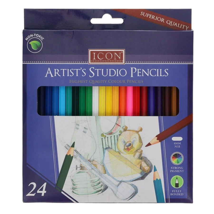 Front of the Icon Artist's Studio 24 colour pencils box with assorted pencil colours visible through the window