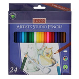 Front of the Icon Artist's Studio 24 colour pencils box with assorted pencil colours visible through the window