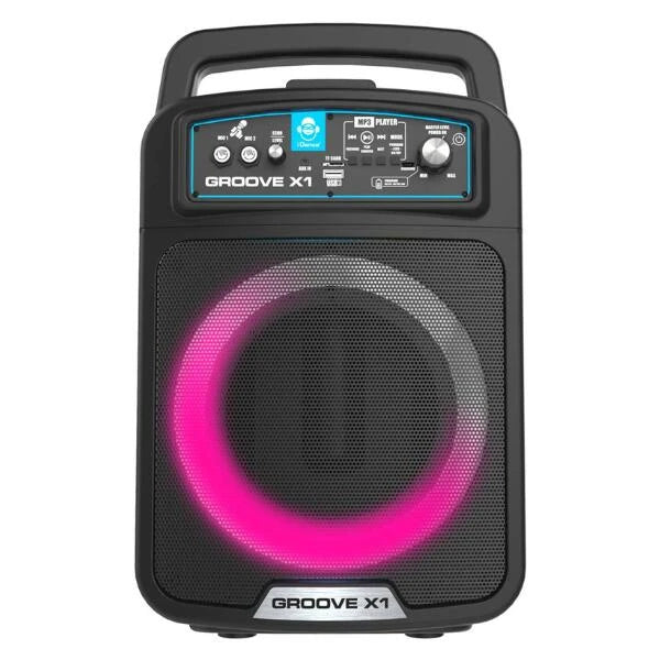 iDance Groove X1 speaker front view with pink light ring