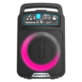 iDance Groove X1 speaker front view with pink light ring