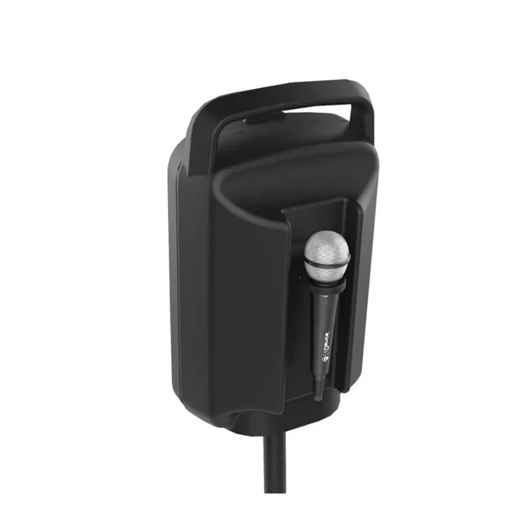 iDance Groove X1 speaker rear view with microphone attached on the stand