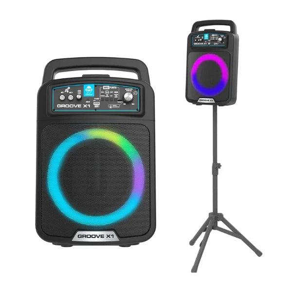 iDance Groove X1 speaker front view shown beside the speaker mounted on its stand 