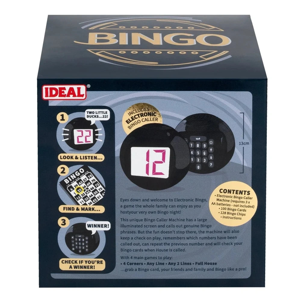Back of IDEAL Deluxe Electronic Bingo box showing electronic caller, Bingo cards, game instructions and 13 cm caller size