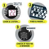 IDEAL Deluxe Electronic Bingo gameplay steps showing number call, card marking and winner checking