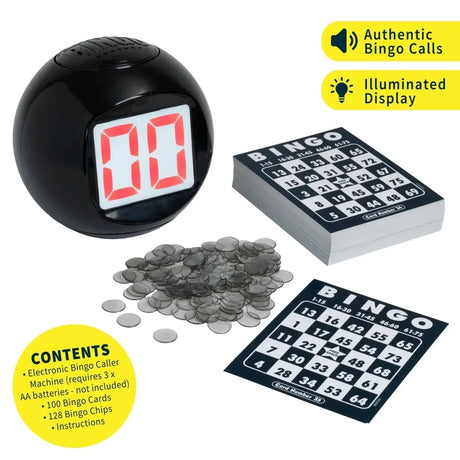 IDEAL Deluxe Electronic Bingo contents with electronic caller, 100 Bingo cards and 128 Bingo chips