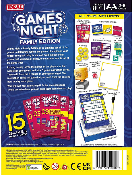Back of IDEAL Games Night Family Edition box showing included games, contents, scoreboard, trophy and barcode