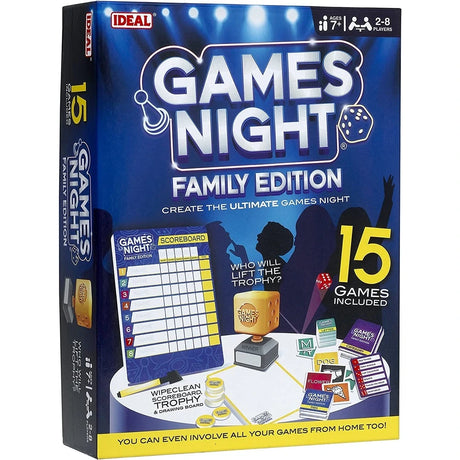 IDEAL Games Night Family Edition box angled left showing the 15 games, scoreboard and winner's trophy