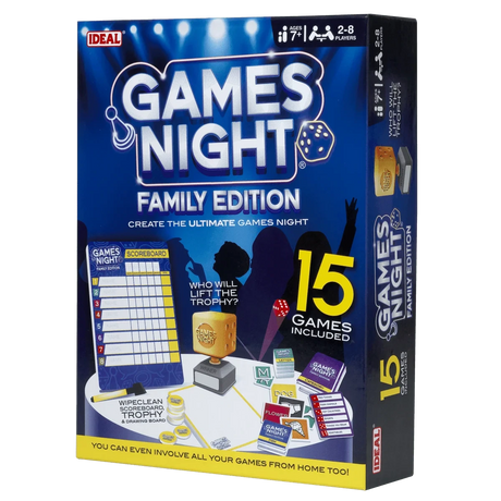 IDEAL Games Night Family Edition box angled right showing the scoreboard, trophy and 15 games included