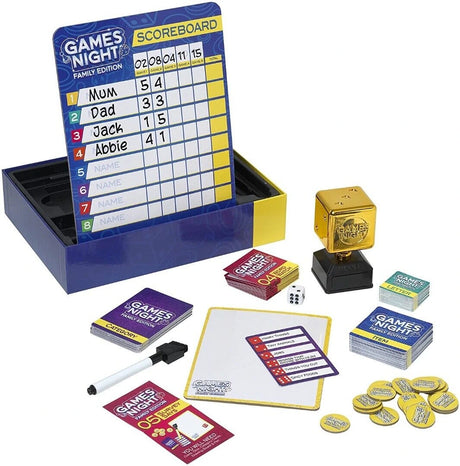 IDEAL Games Night Family Edition contents with scoreboard, trophy, drawing board, cards, tokens, dice and storage tray