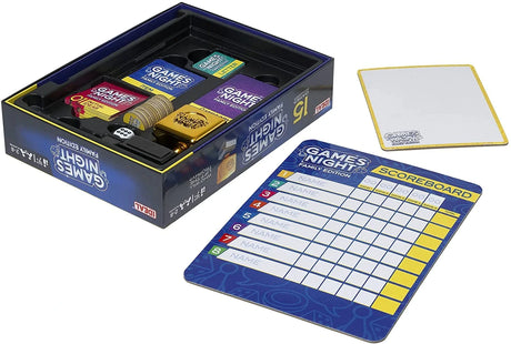 IDEAL Games Night Family Edition open box with wipe clean scoreboard, drawing board and game cards