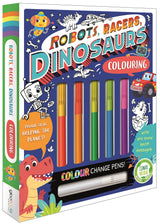 Igloo Books Robots, Racers, Dinosaurs Colouring book with colourful robot, dinosaur and racing car cover artwork and colour change pens displayed on the front